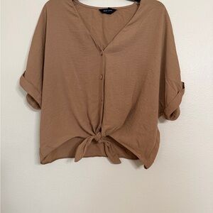 New Look Tan Tie-Front V-Neck Blouse